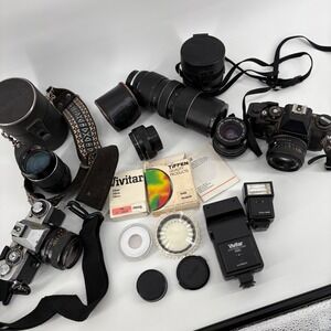 Vintage Minolta XD 11 Sears KSX 35mm Camera Lot Untested Vivitar Lens Flash Kit